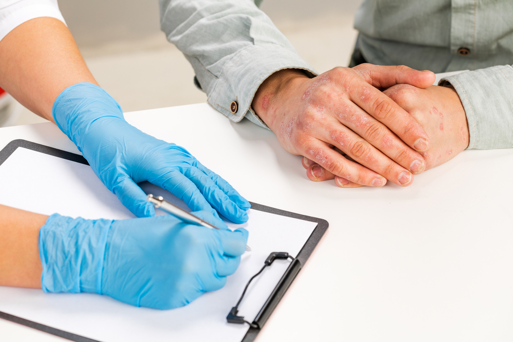 A,Gloved,Dermatologist,Examines,The,Skin,Of,A,Sick,Patient